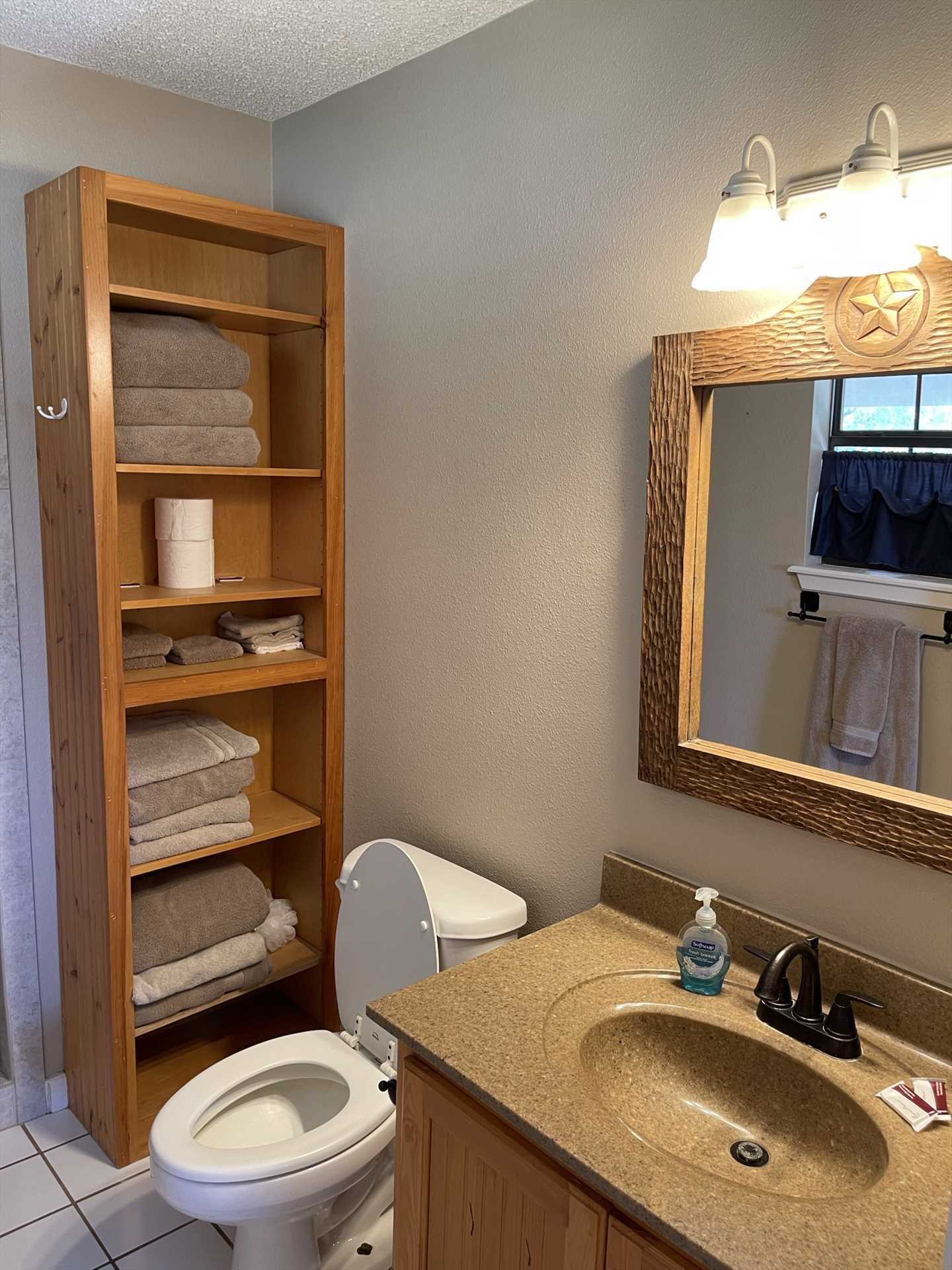                                                 There's a nice, big mirrored vanity in the master bath, too! Plenty of clean bathroom linens are included.