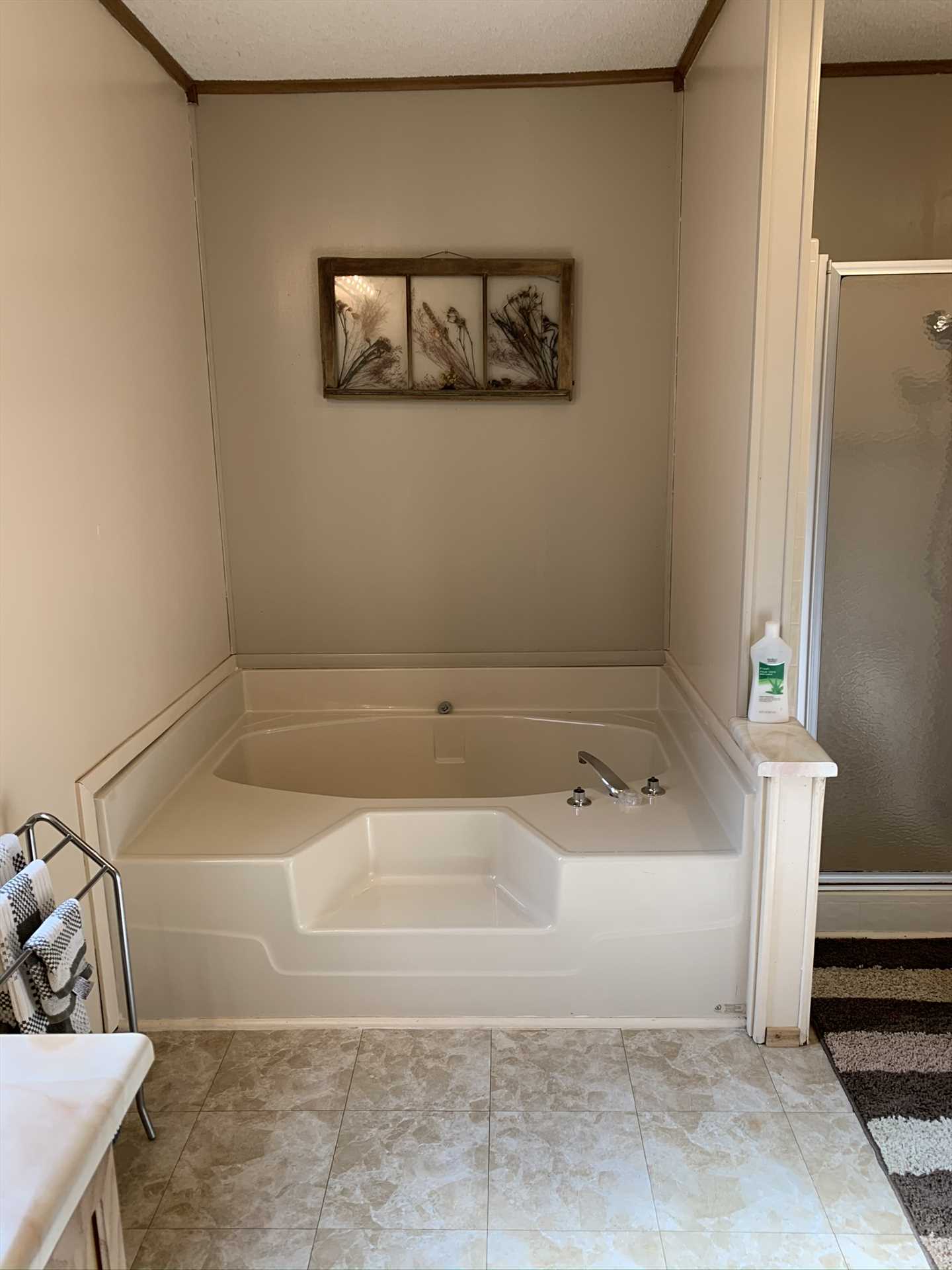                                                 Slow, soothing soak, or quick cleanup? The master bath has you covered both ways, with its garden tub and shower stall.
