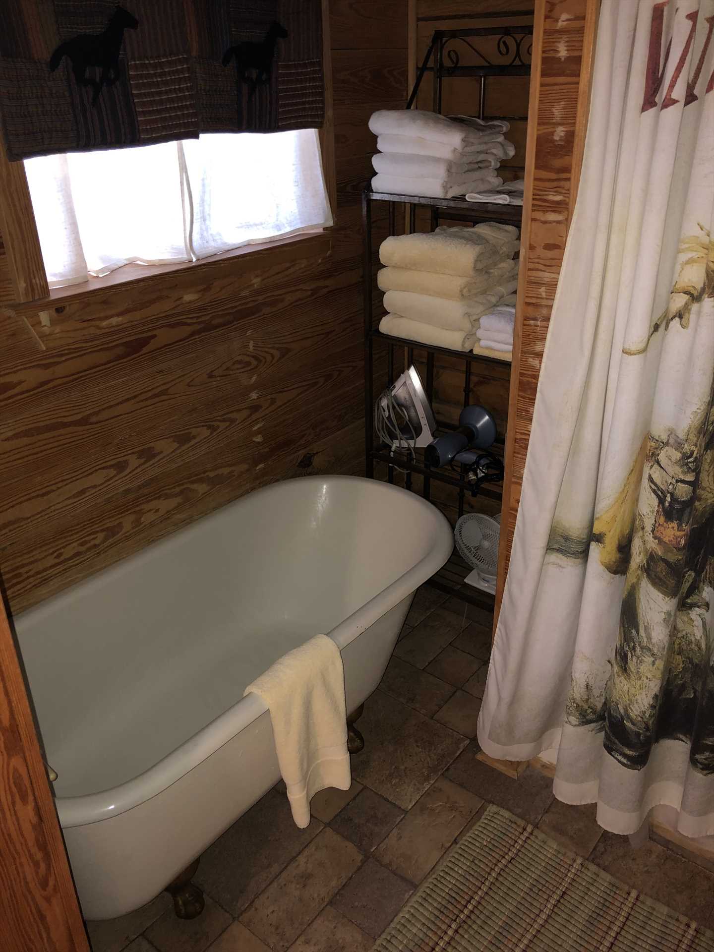                                                 You'll have your pick of a classic clawfoot tub and a shower-and plenty of clean bath and bed linens!