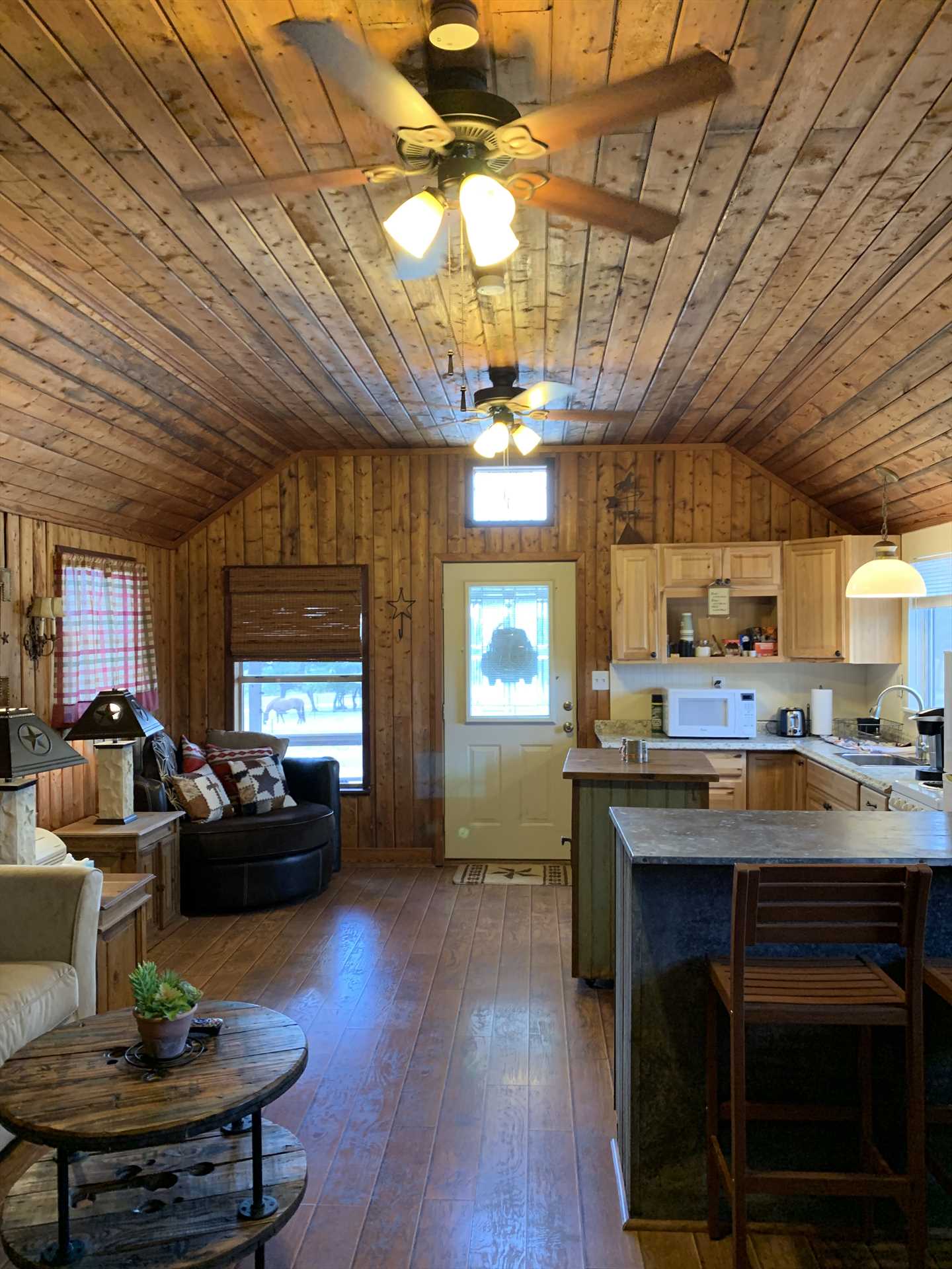                                                 Cable and satellite TV, a DVD player, and shared Wifi on the ranch highlight your tech amenities here.