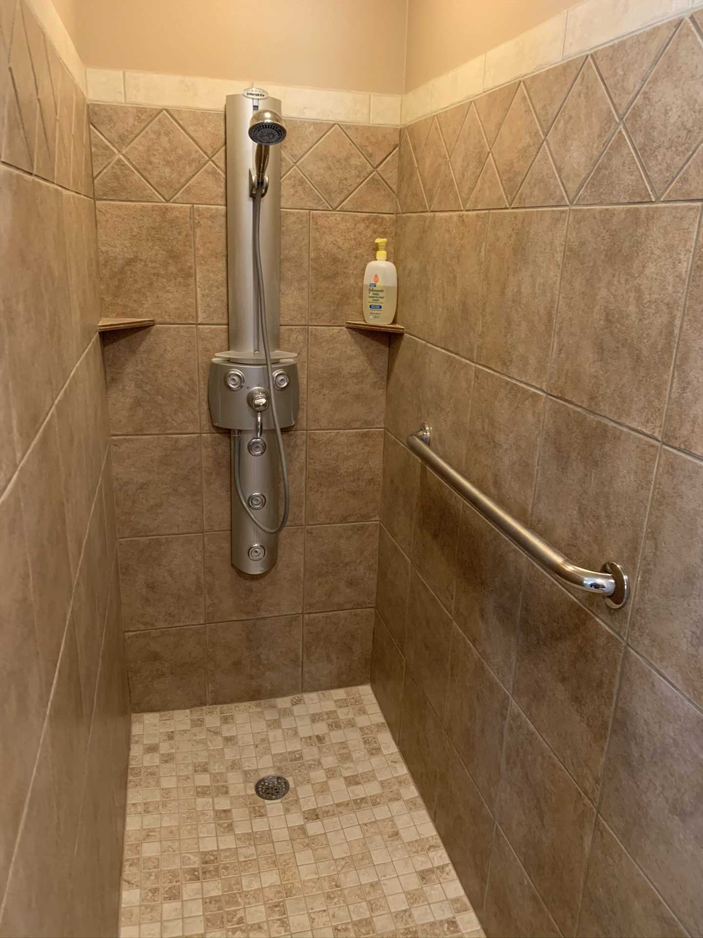                                                 ...an ADA-approved walk-in shower stall with a sturdy brace! All bath linens are supplied here, too.