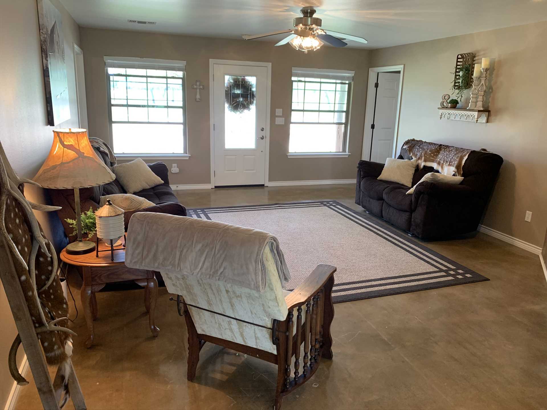                                                 Multiple recliners, a gas fireplace, a TV with DVD player and Roku, board games, and Wifi assures the huge living space has something for everyone!
