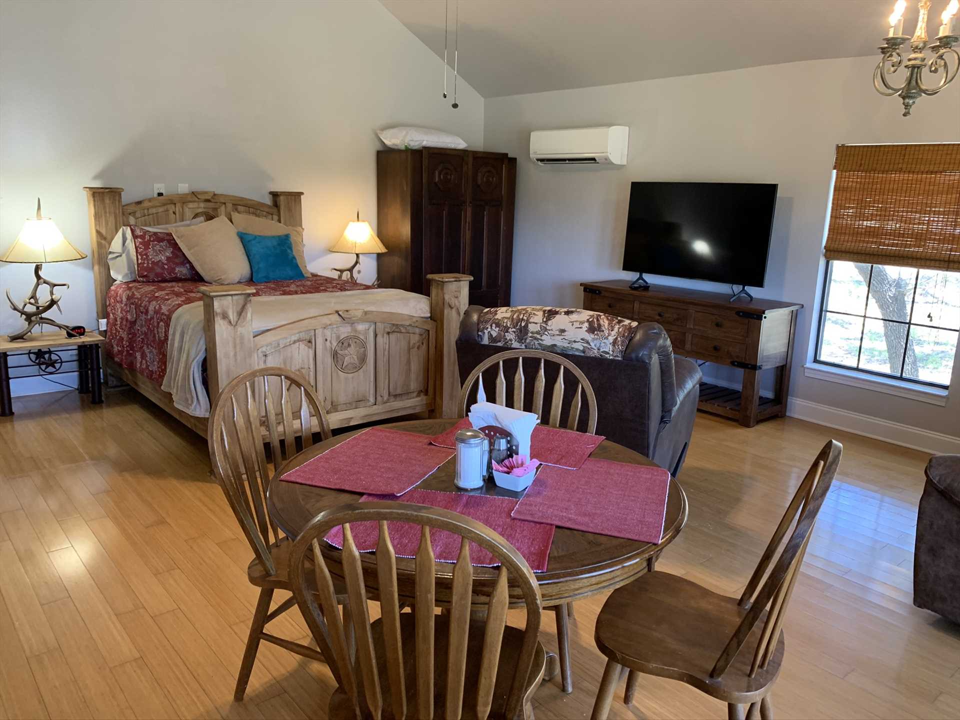                                                 AC and heat, satellite TV with over 200 channels, Wifi Internet and cell service, and even a roll-away bed for a third guest are among the luxuries you'll find at the Hideout.