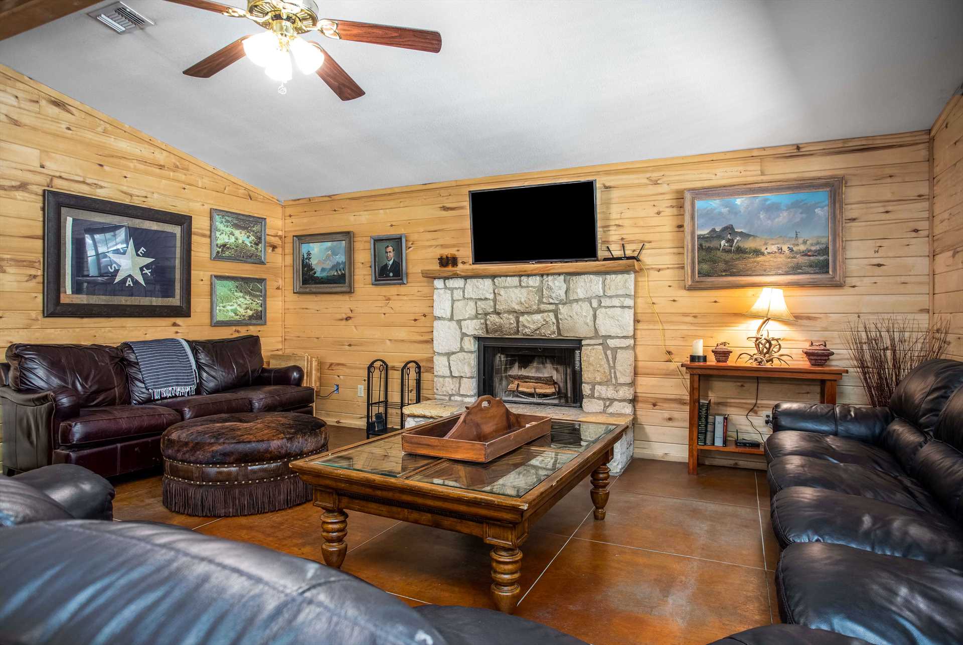                                                 The enormous living area comes with plenty of comfy furniture, smart TV with a DVD player (also ready for your Roku or Firestick), Wifi service throughout the Lodge, and just-right central air and heating!