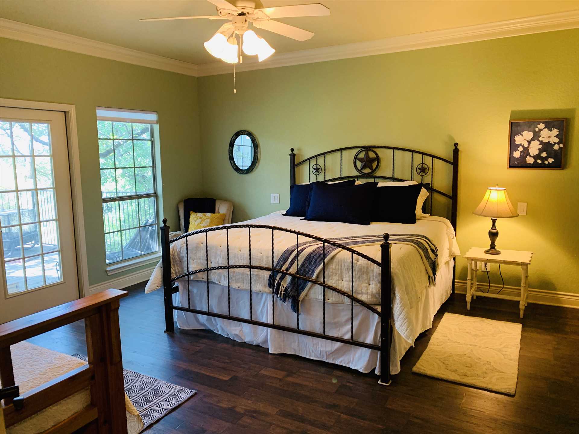                                                 The spacious master bedroom sleeps up to three, with a king-sized bed and an accompanying single day bed. All bed and bath linens are included here.