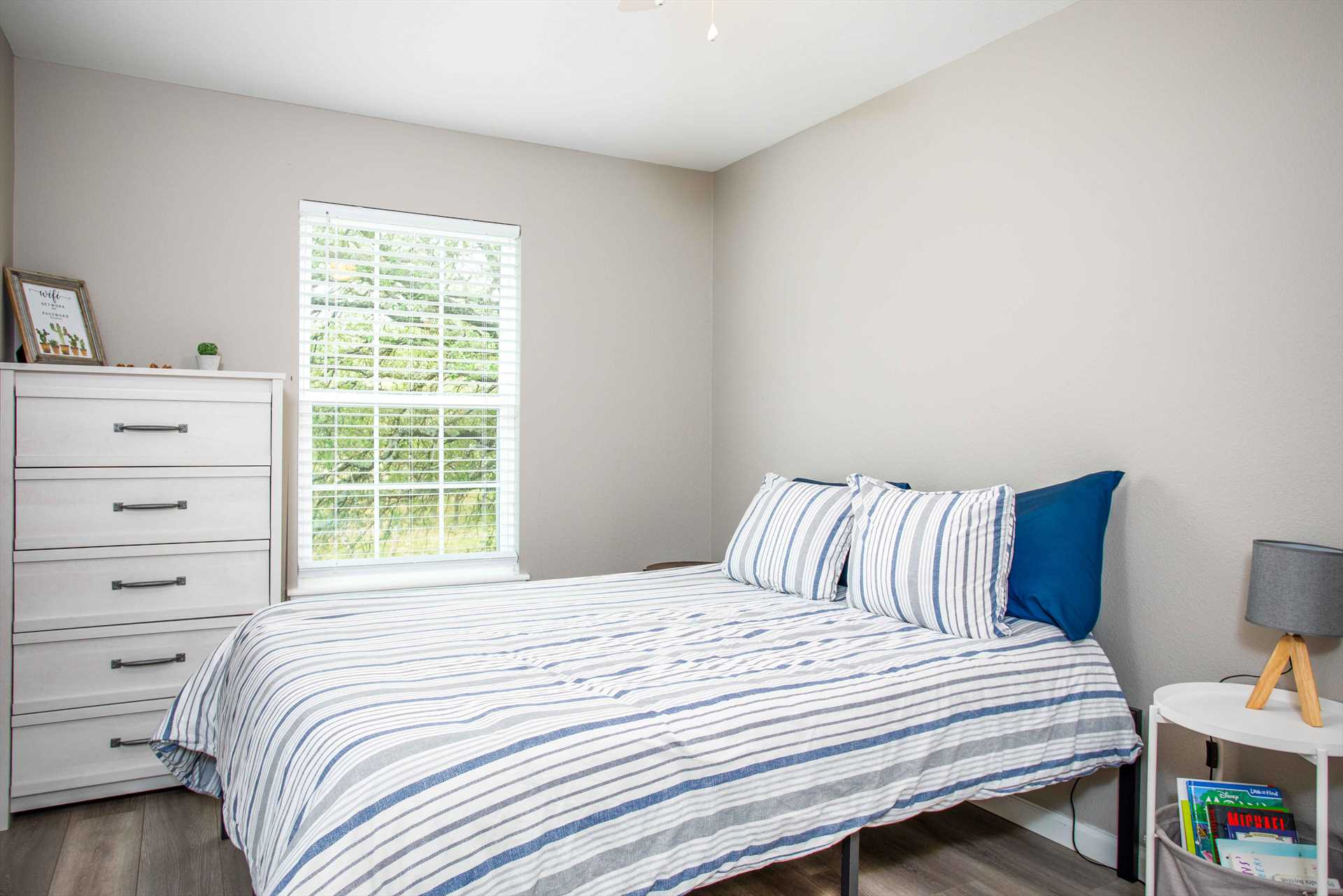                                                A queen-sized bed graces the second bedroom, all all the sleeping spaces at the retreat include clean linens.