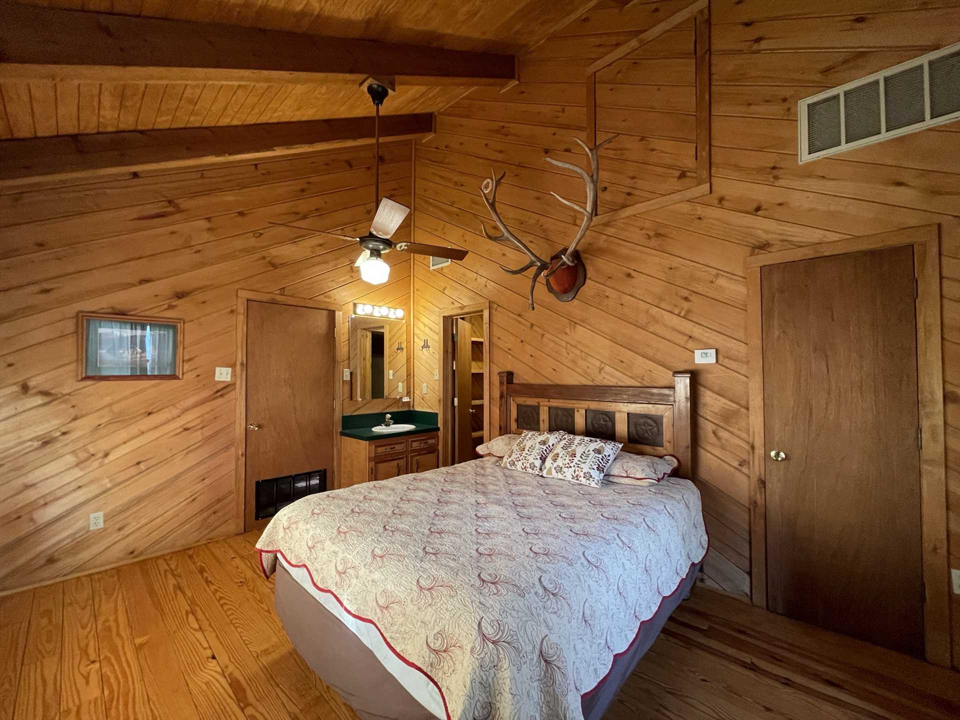                                                As with the rest of the Lodge, the bedrooms come with ceiling fans and central AC and heat, so everything is just to your liking!