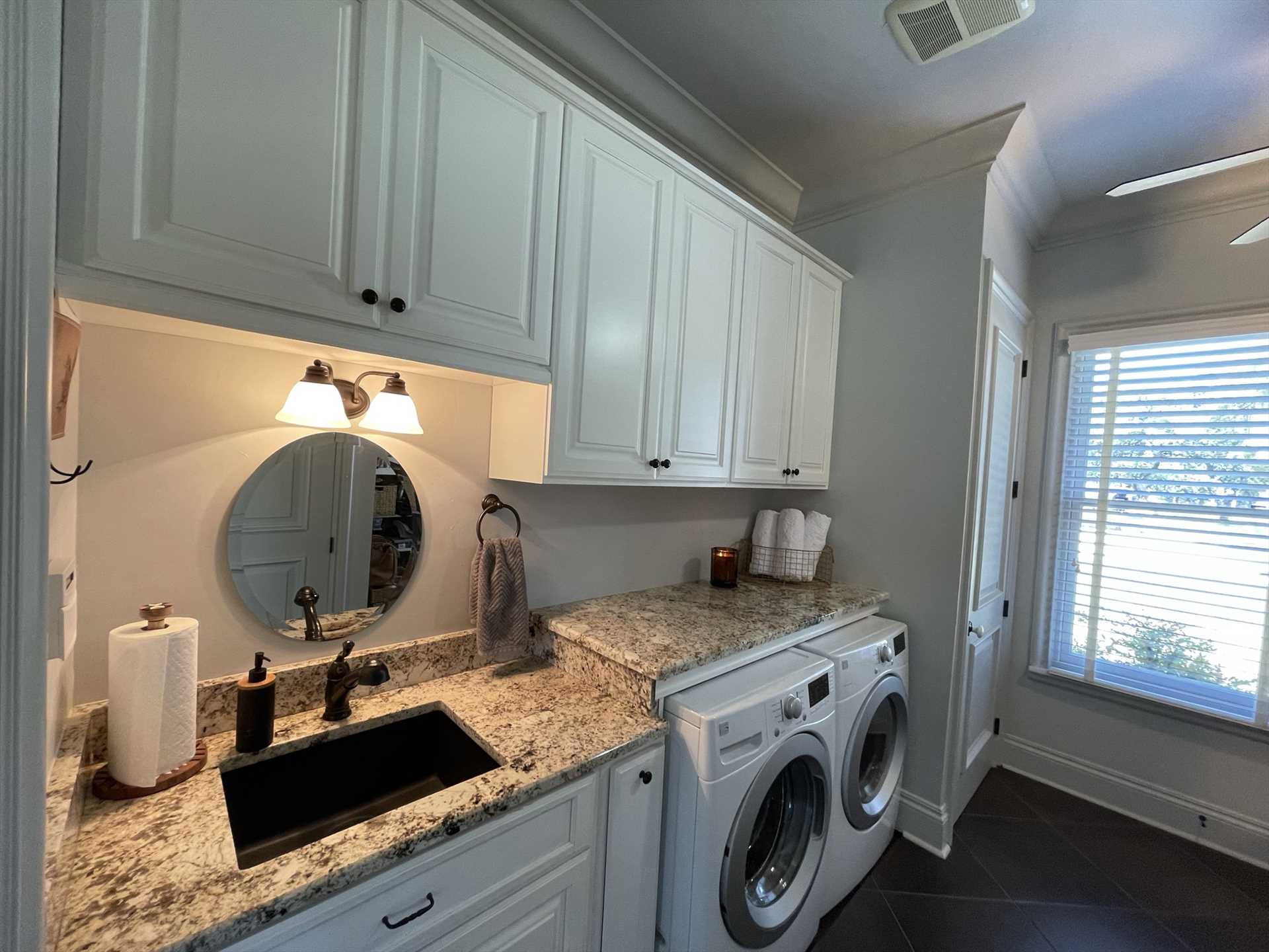                                                 For your cleanup convenience, LaGaye Ranch includes a utility room with a spanking-new washer and dryer!