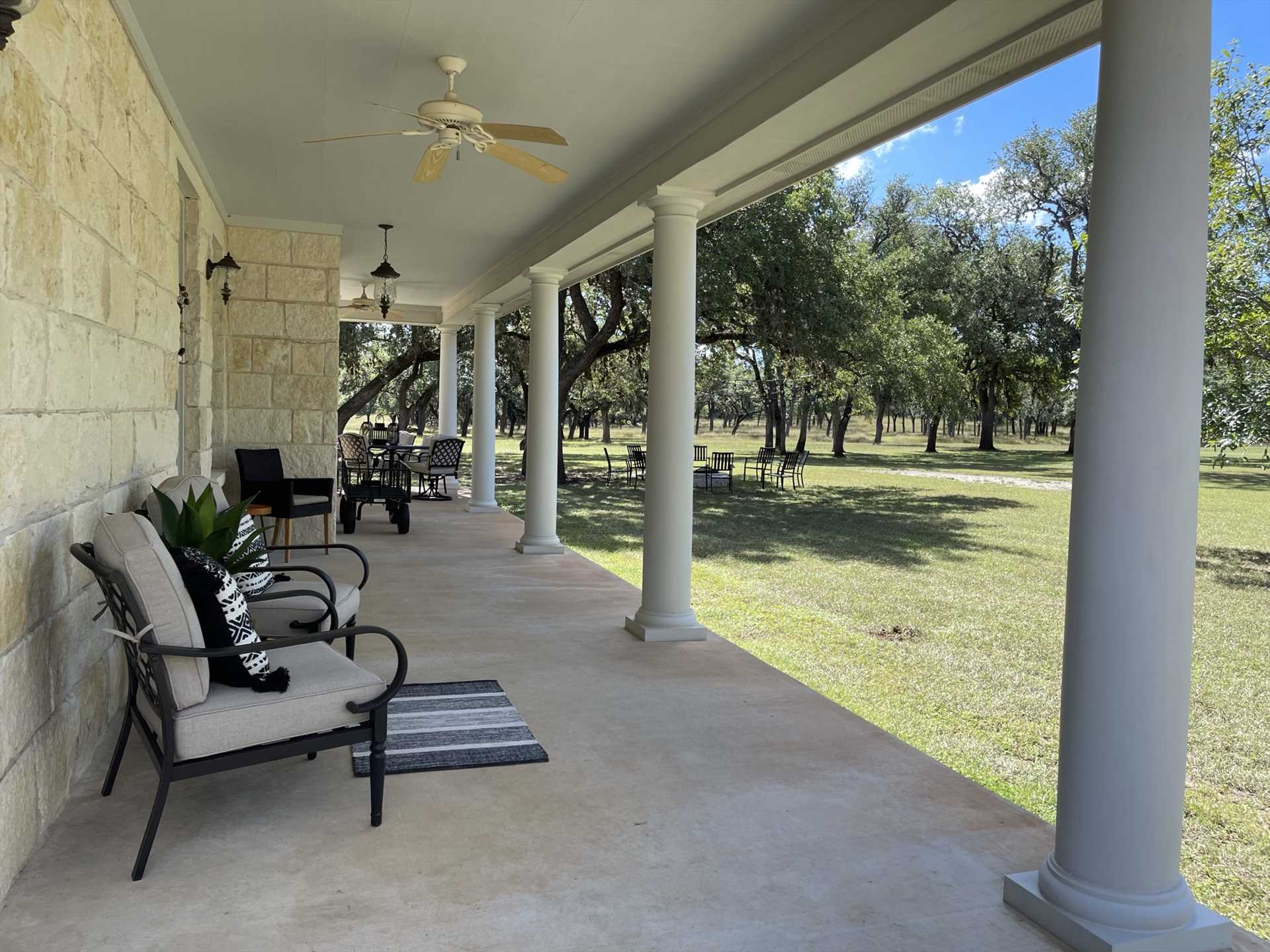                                                 Kick back like ranch royalty on the shaded porches! Ceiling fans help to stir a cooling breeze when there isn't one blowing.