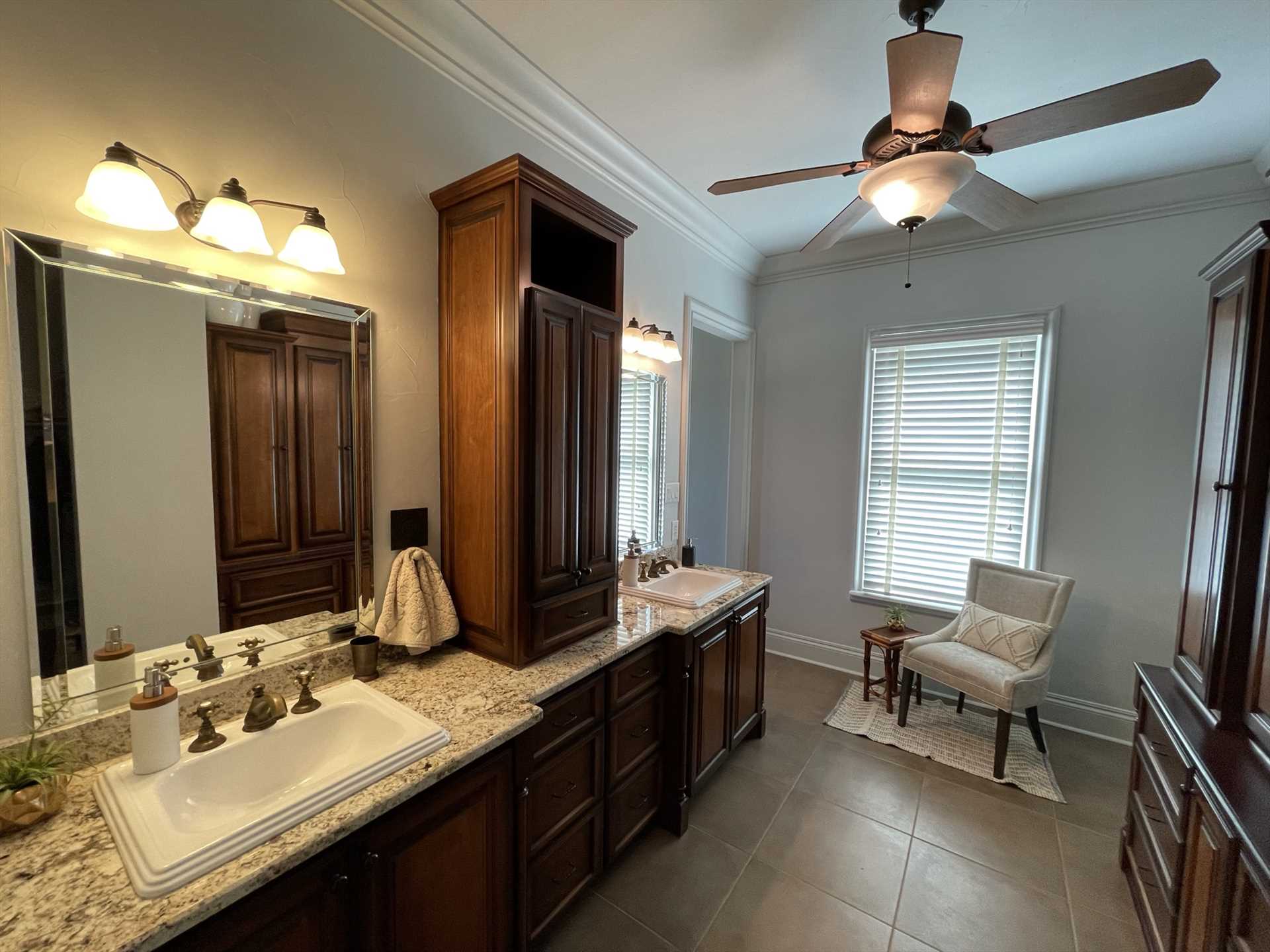                                                 TONS of storage and twin vanities attend to our treasured guests in the huge master bath!