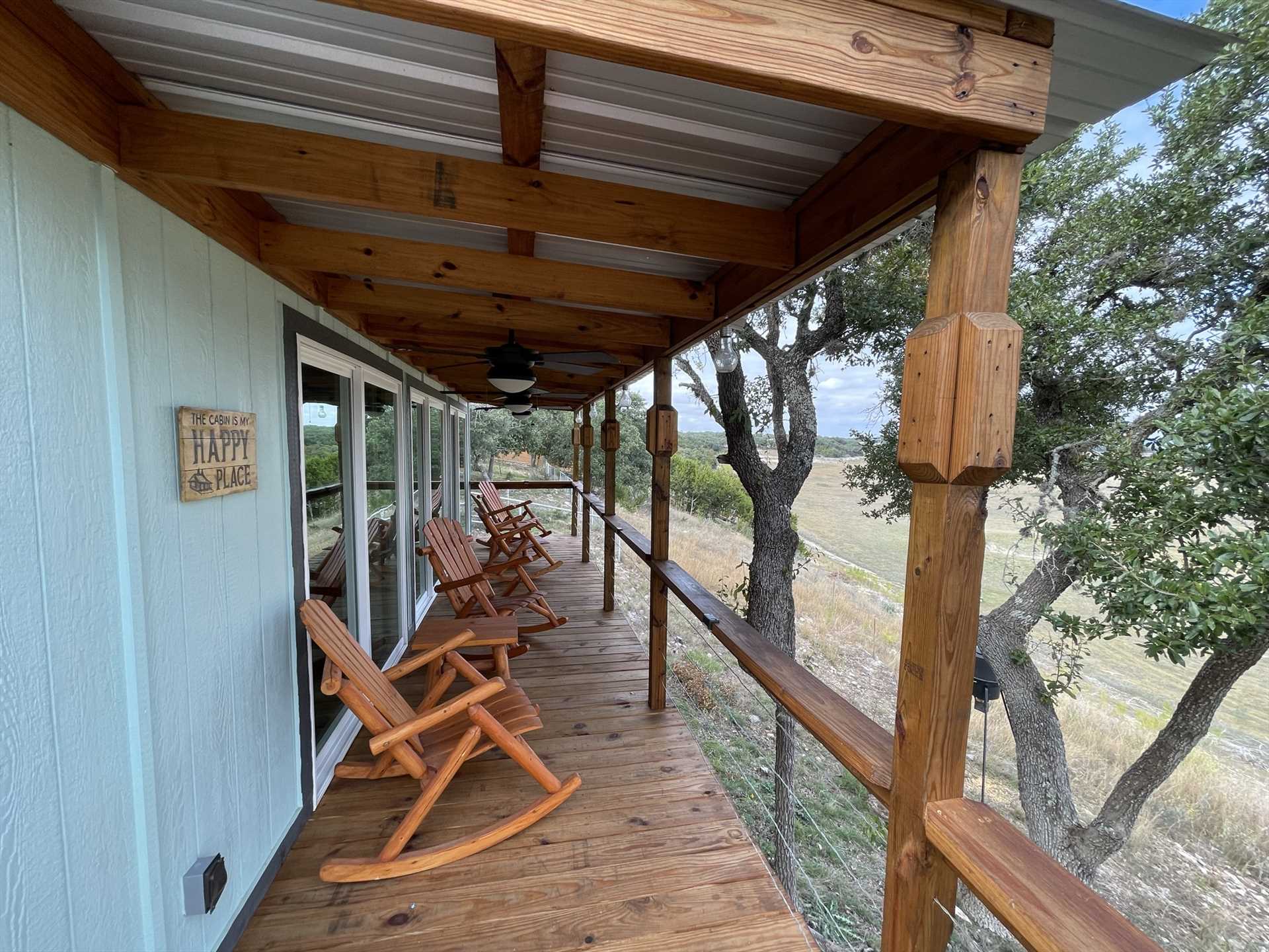                                                 Sip your morning coffee, or enjoy a glass of wine in the evening, on the covered deck! Ceiling fans add that classy touch of comfort as you enjoy the Hill Country scenery.