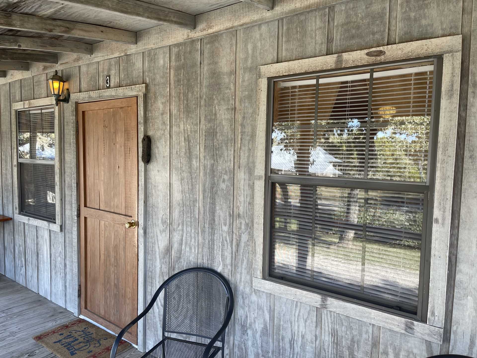                                                 The rustic exterior of Buckeye Room #3 is right at home in the natural beauty of the Hill Country!