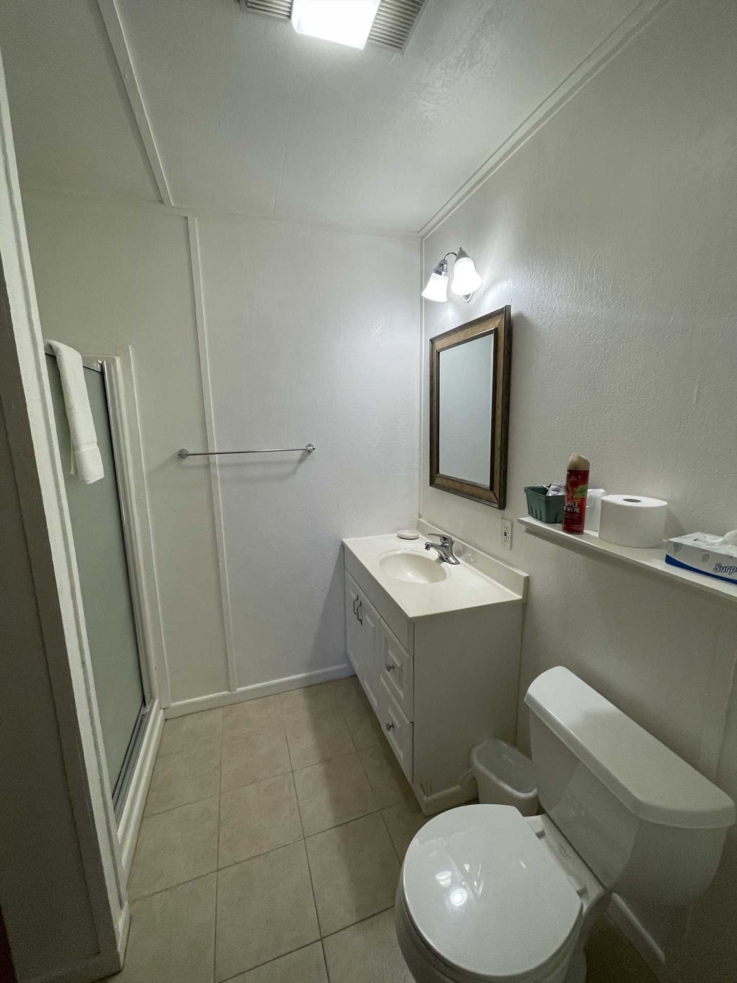                                                 Fresh linens are provided in the spotless full bath, which is equipped with a shower stall.
