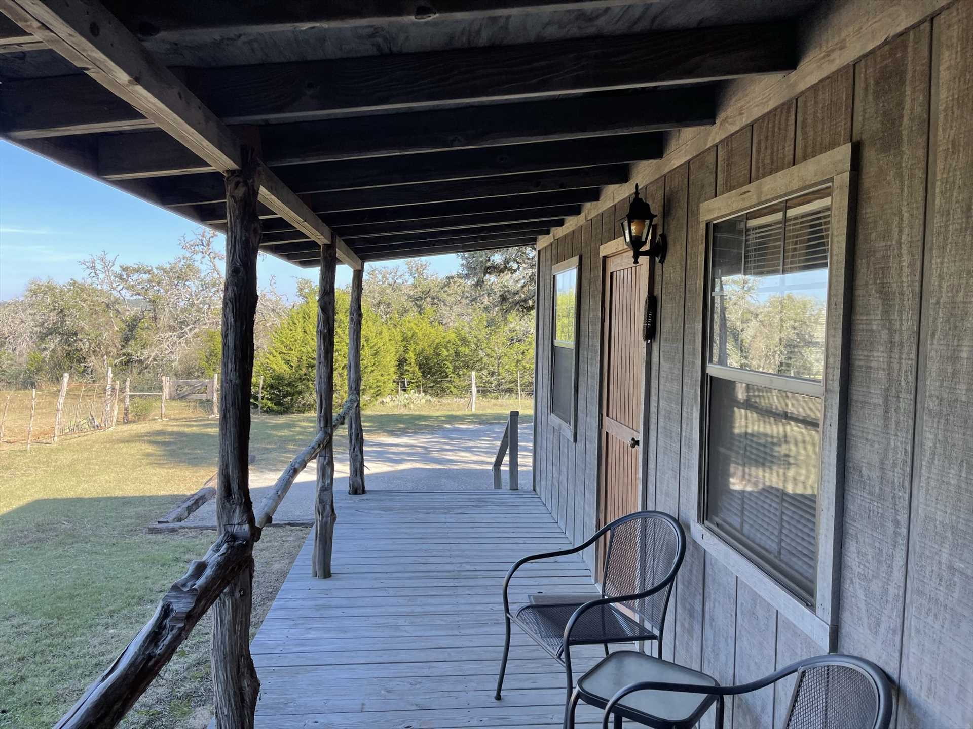                                                 The deck at Hackberry Room #9 has a rustic and natural look that is complemented perfectly by the surrounding countryside.