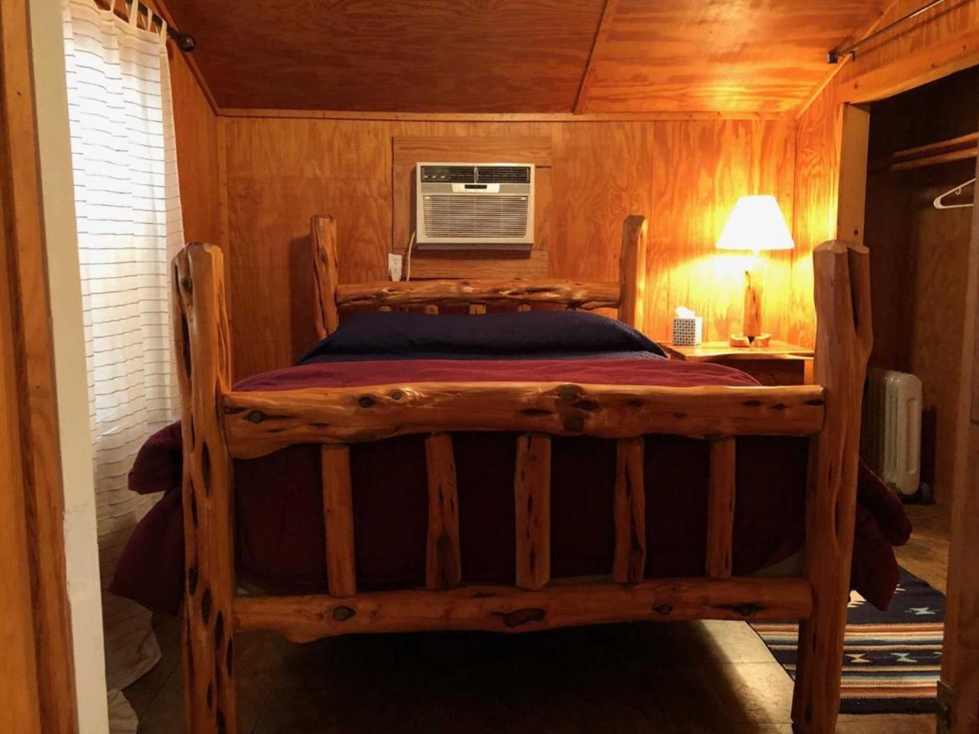                                                 Sturdy cedar-framed queen and twin beds create comfortable sleeping arrangements for up to three-complete with clean linens, of course!