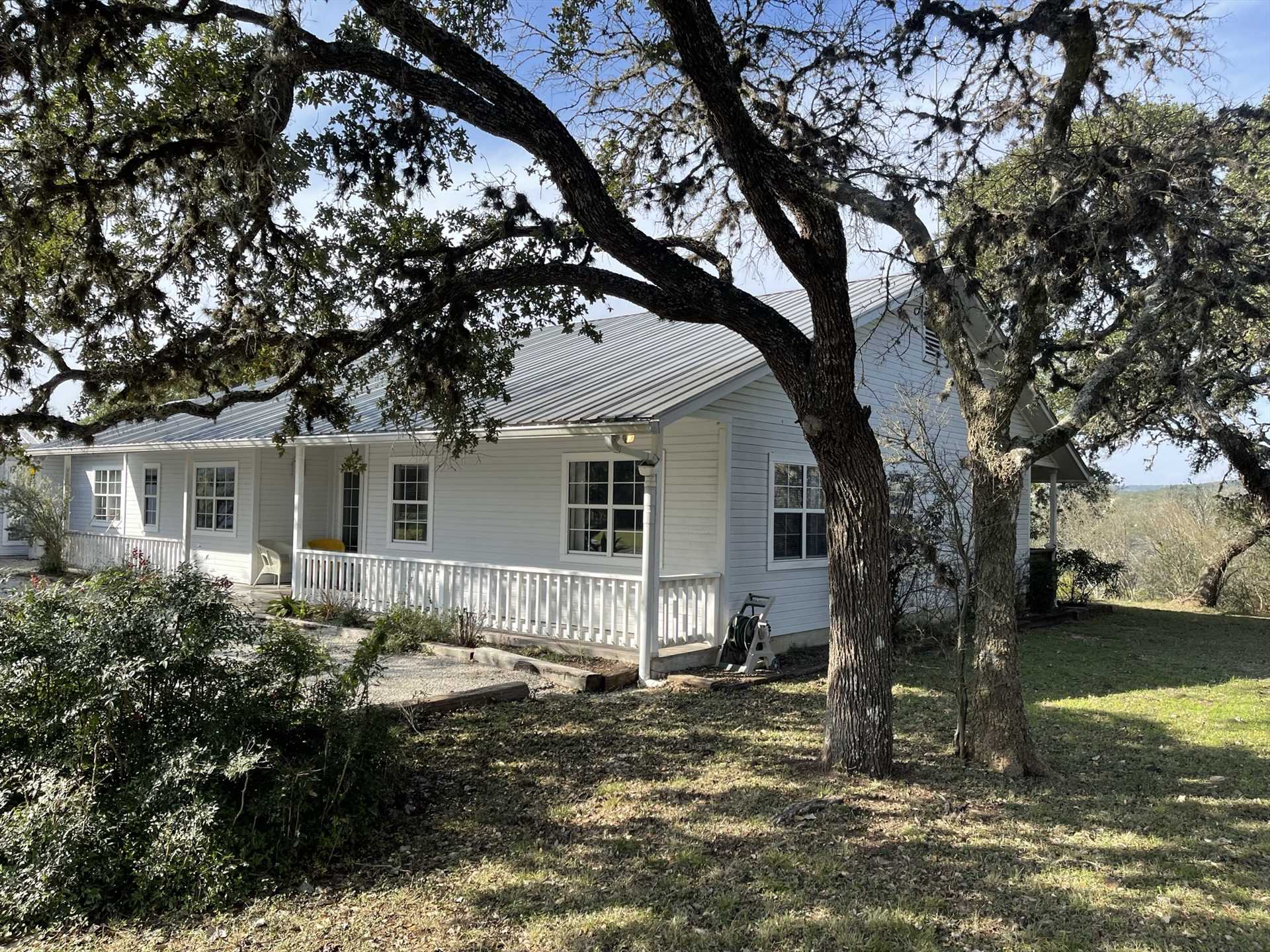                                                 Here's your picturesque Hill Country escape: the Live Oak Cottage on the West 1077 Guest Ranch!