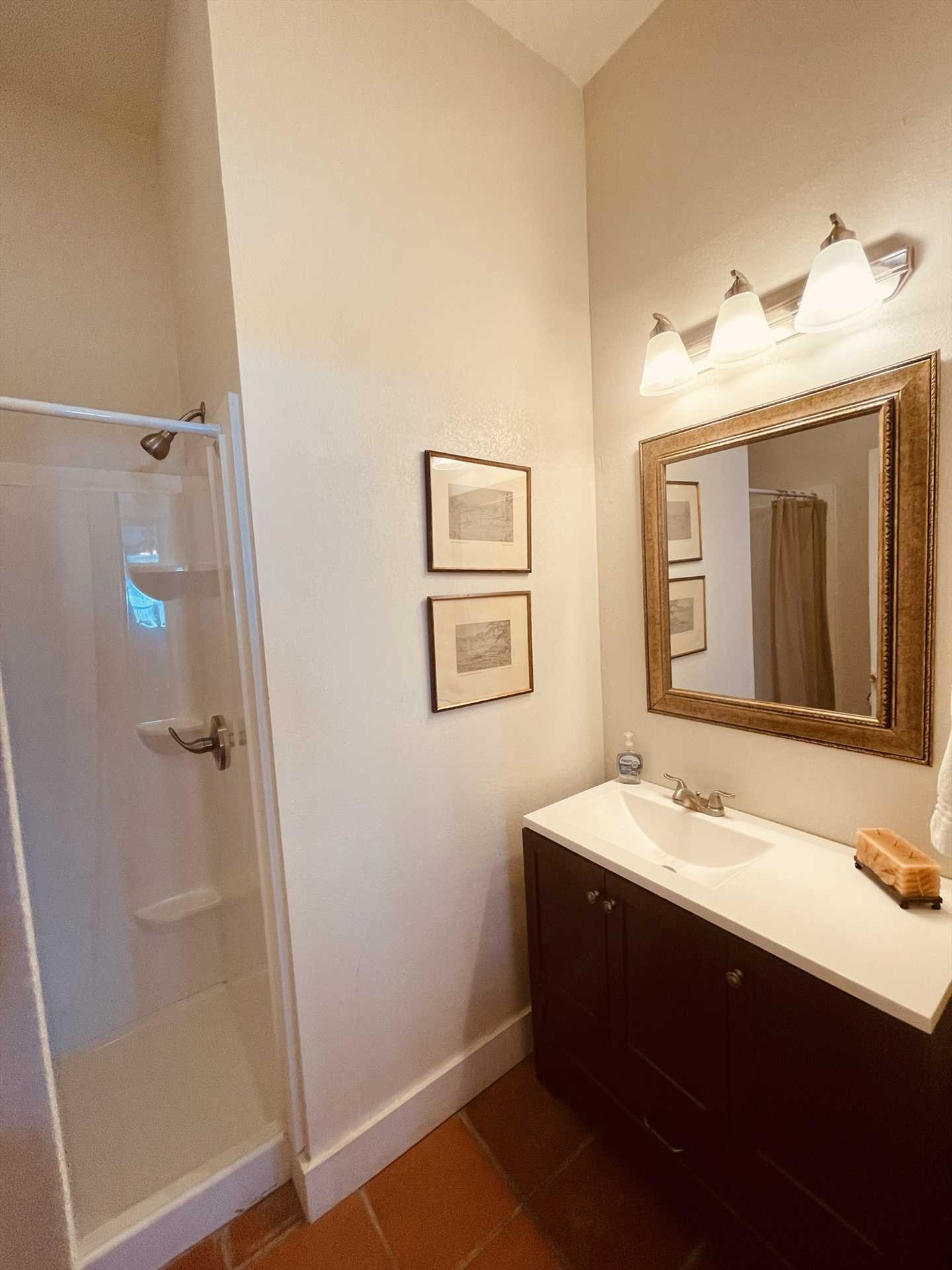                                                 Three full baths at the Lodge make cleaning up easy and quick for everyone! All the fresh linens you'll need are provided, too.