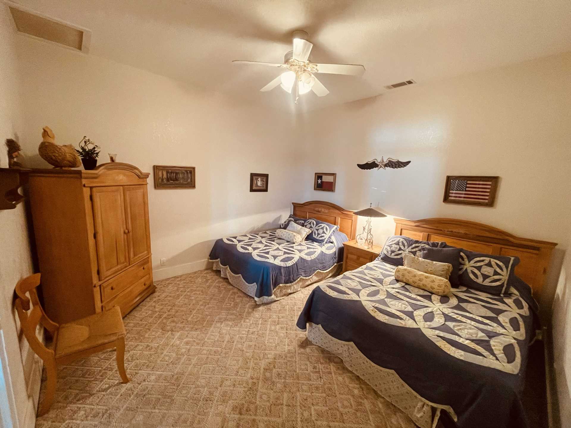                                                 Two charming and luxurious queen-sized beds sleep up to four of your folks in the fourth bedroom!
