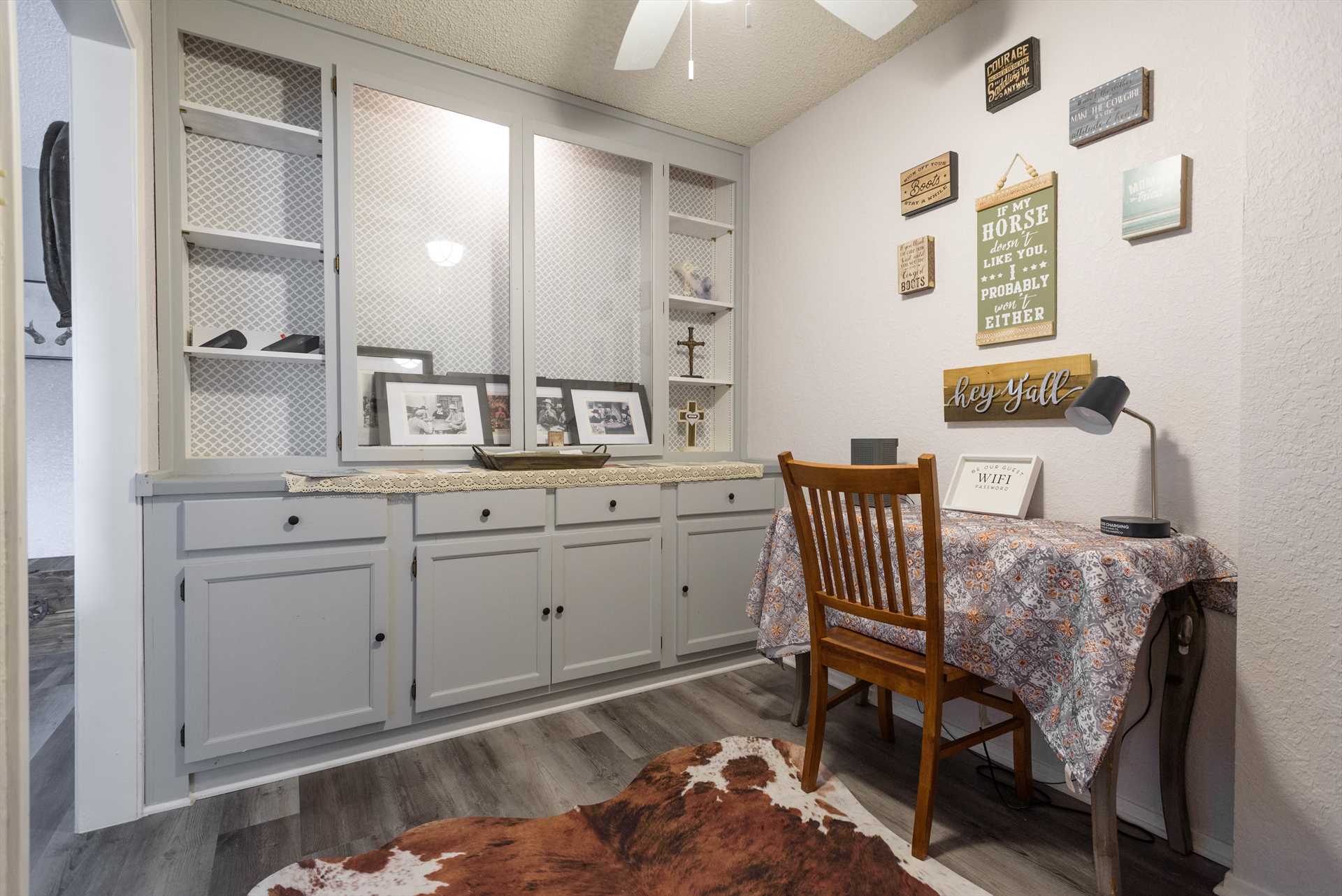                                                 With Wifi Internet service in the house, and a dedicated workspace area, you'll have no problems staying connected during your Hill Country holiday!